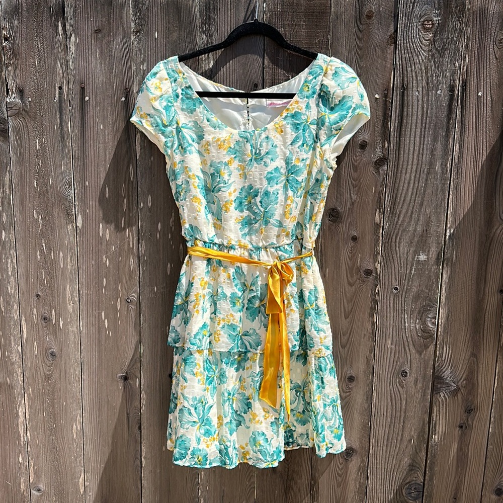Betsy Johnson teal and mustard tiered dress with ribbon belt (8).